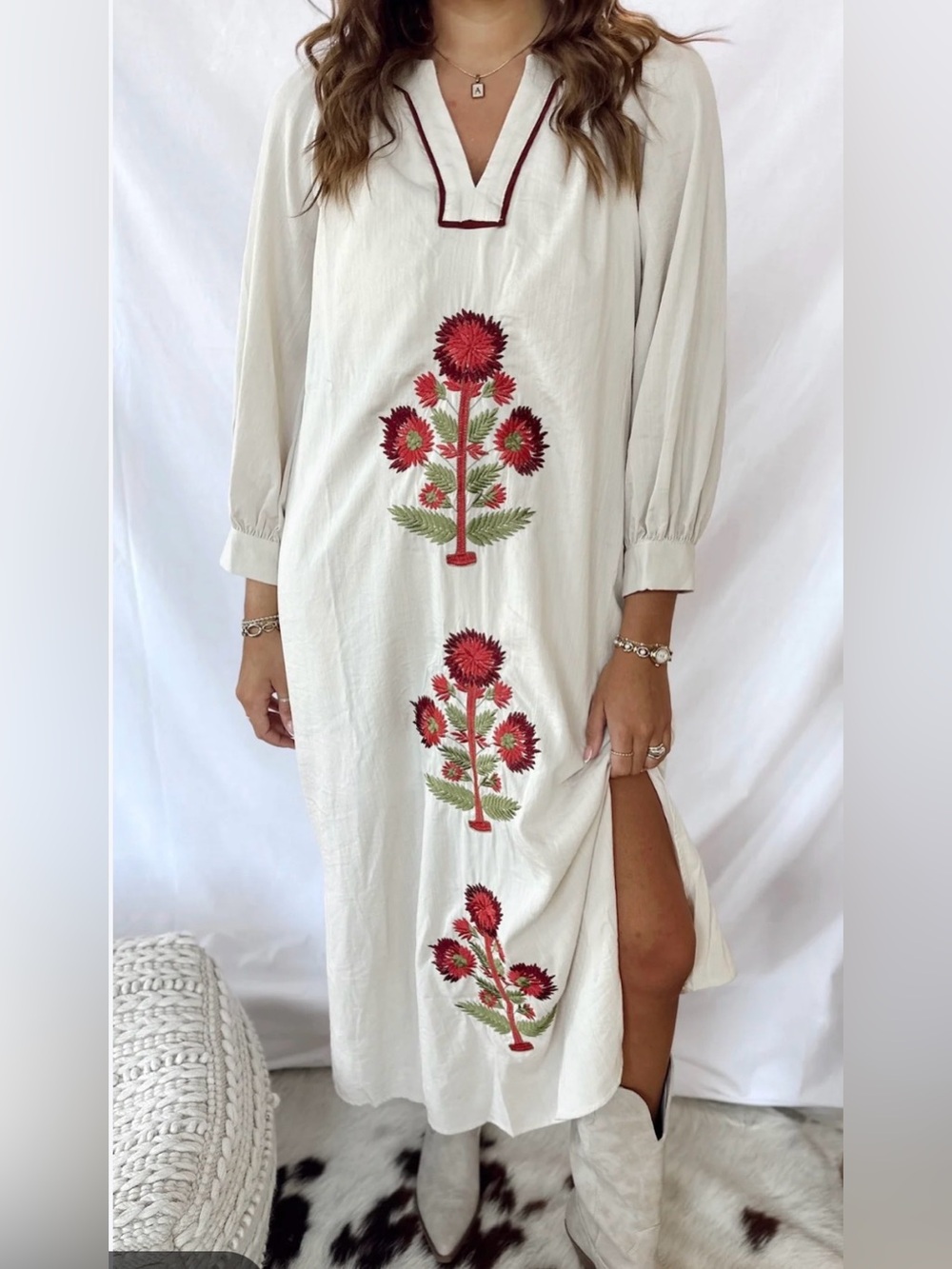 ENTRO Cream Long Sleeve Maxi with Red and Green Embroidery